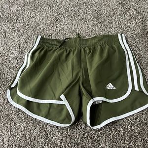 Green adidas running shorts with liner. Size small, 3in inseam.